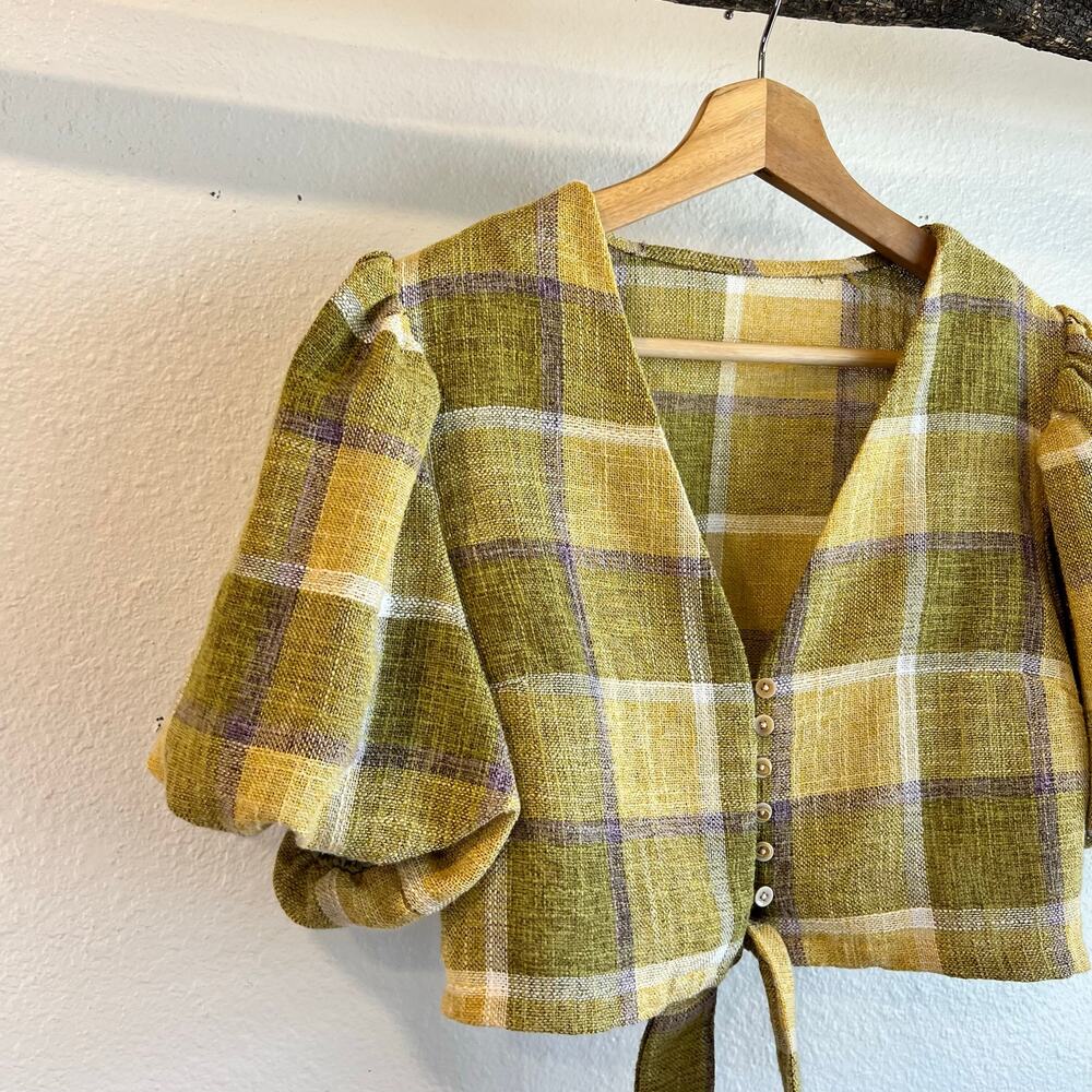 LA'VEN Los Angeles Green Plaid Button Tie Puffed Sleeve Crop Top Size Small - Picture 5 of 11
